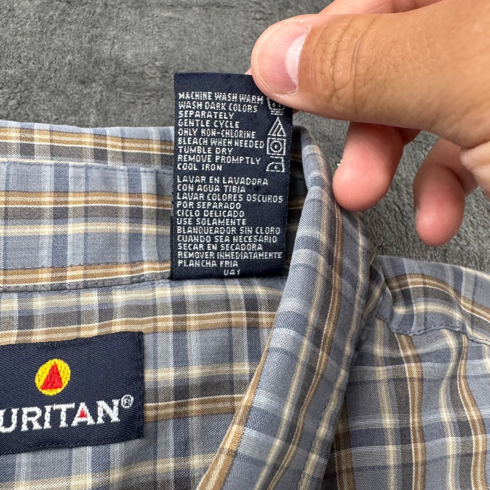 Puritan Mens XL Blue Tan Plaid Short Sleeve Button Down Shirt Collared Pocket - Picture 4 of 8